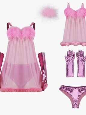 Sheer Pink Fem Bot Feather-Trim Babydoll Chemise Set Size XS